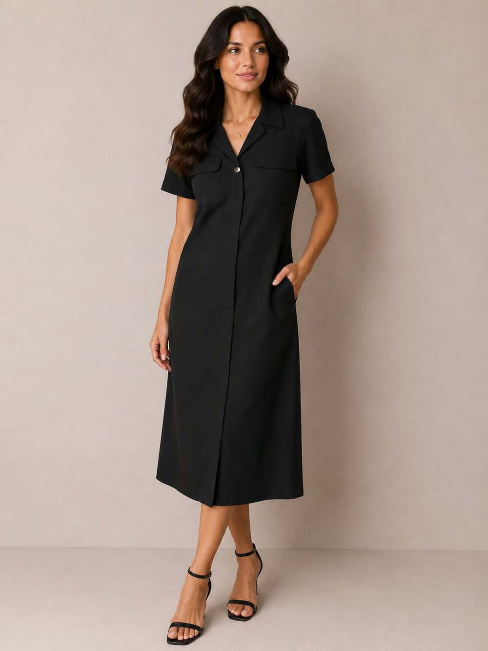 Mary McFadden Collection Black Button Front Midi Shirt Dress Size 6
B161JC
